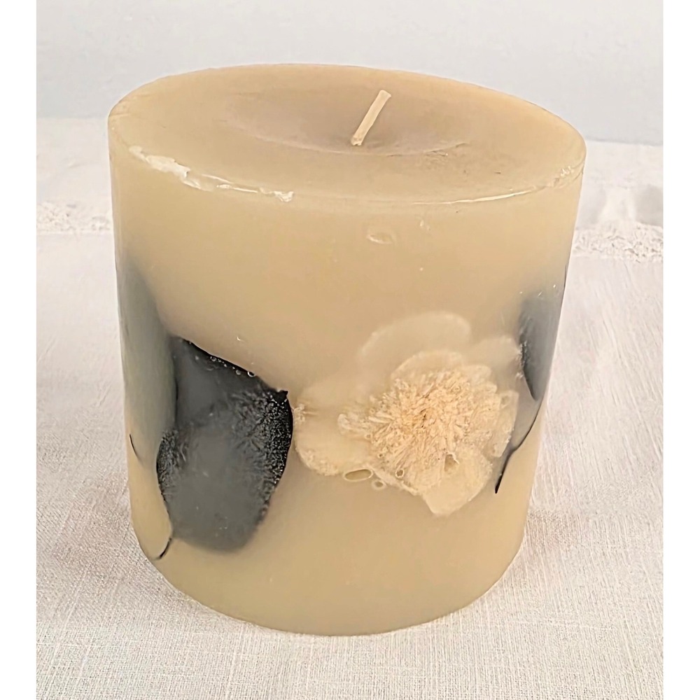 Botanical Pillar Candle Pressed Flowers Leaves Cream Wax 4x4 Decorative